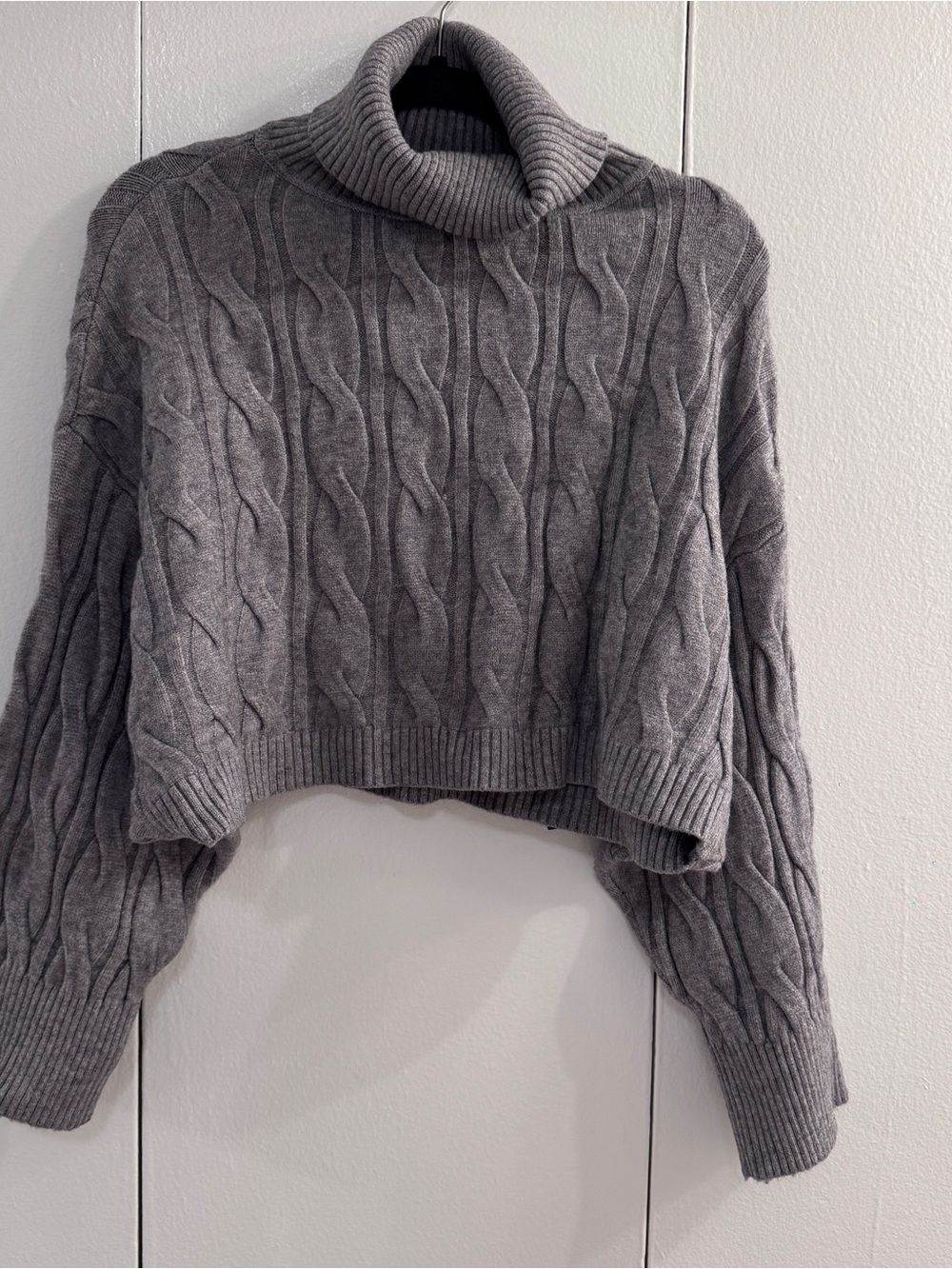 Gray Cable Knit Cropped Turtleneck Sweater